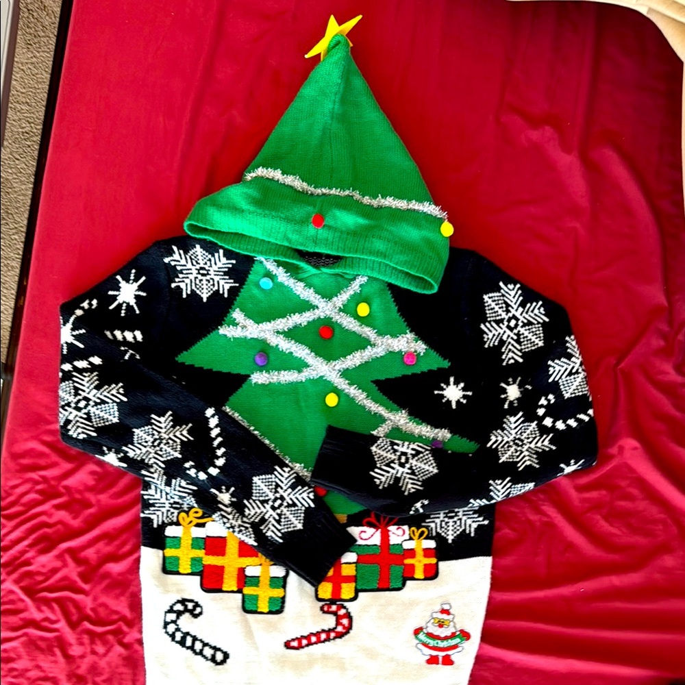 Festive Christmas Tree Sweater with Hood